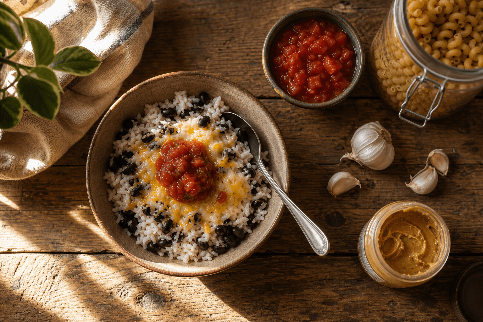 A bowl of rice and black beans topped with melted cheese and salsa, surrounded by simple pantry staples like canned tomatoes and dried pasta, an example of a cheap 4-ingredient pantry meal.