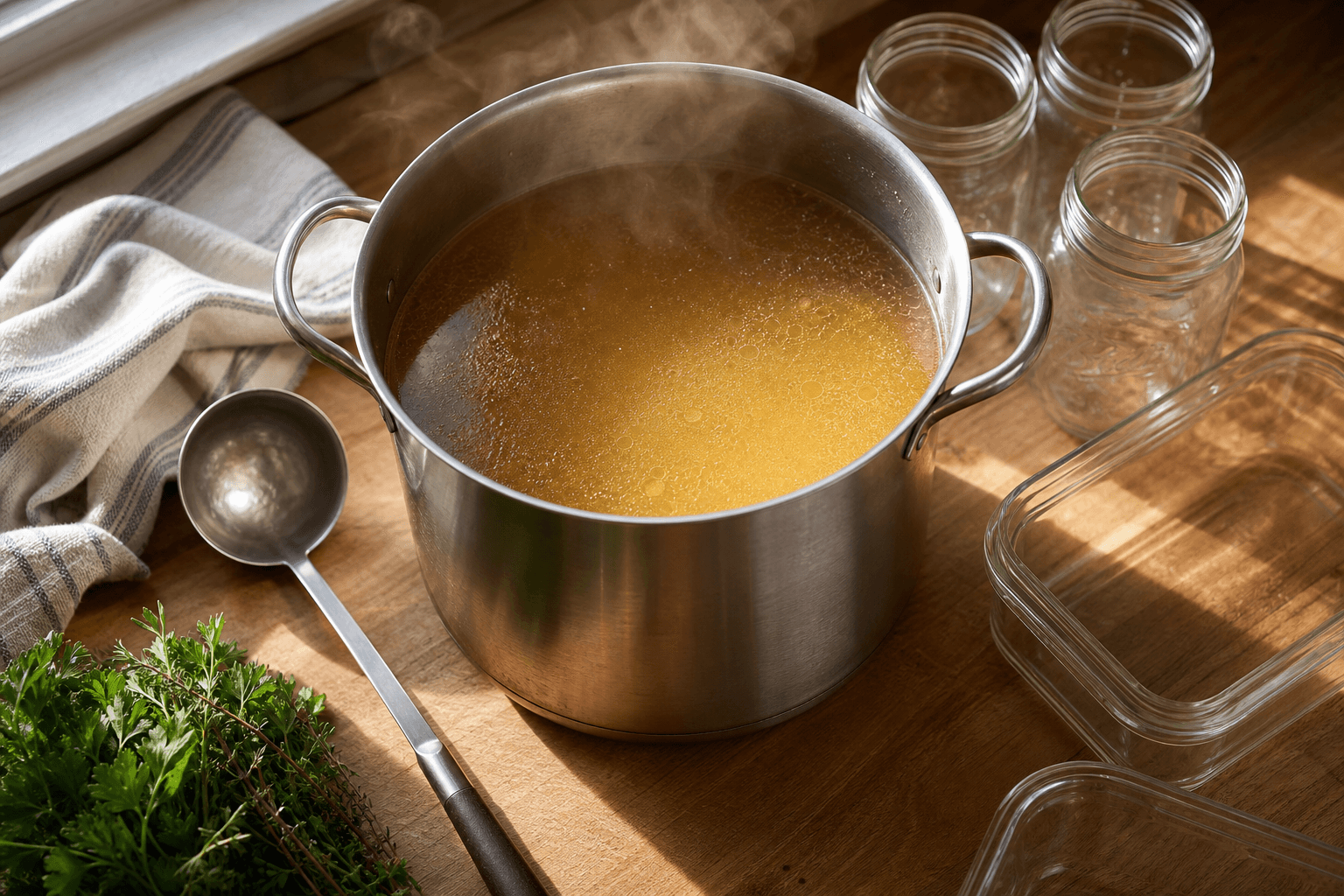 A pot of homemade chicken broth cooling on a kitchen counter next to glass storage containers, illustrating how long broth can safely sit out