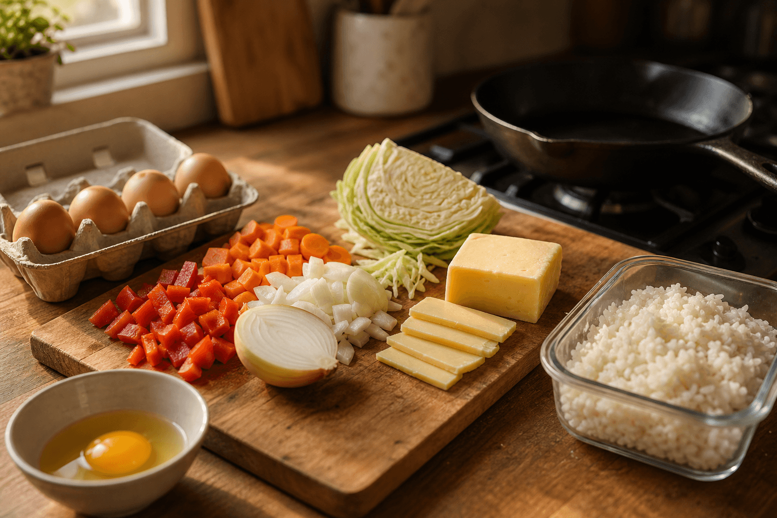 Assorted fridge leftovers, chopped vegetables, eggs, cheese, and a bowl of rice, laid out on a wooden kitchen counter ready to become a clean-out-the-fridge dinner