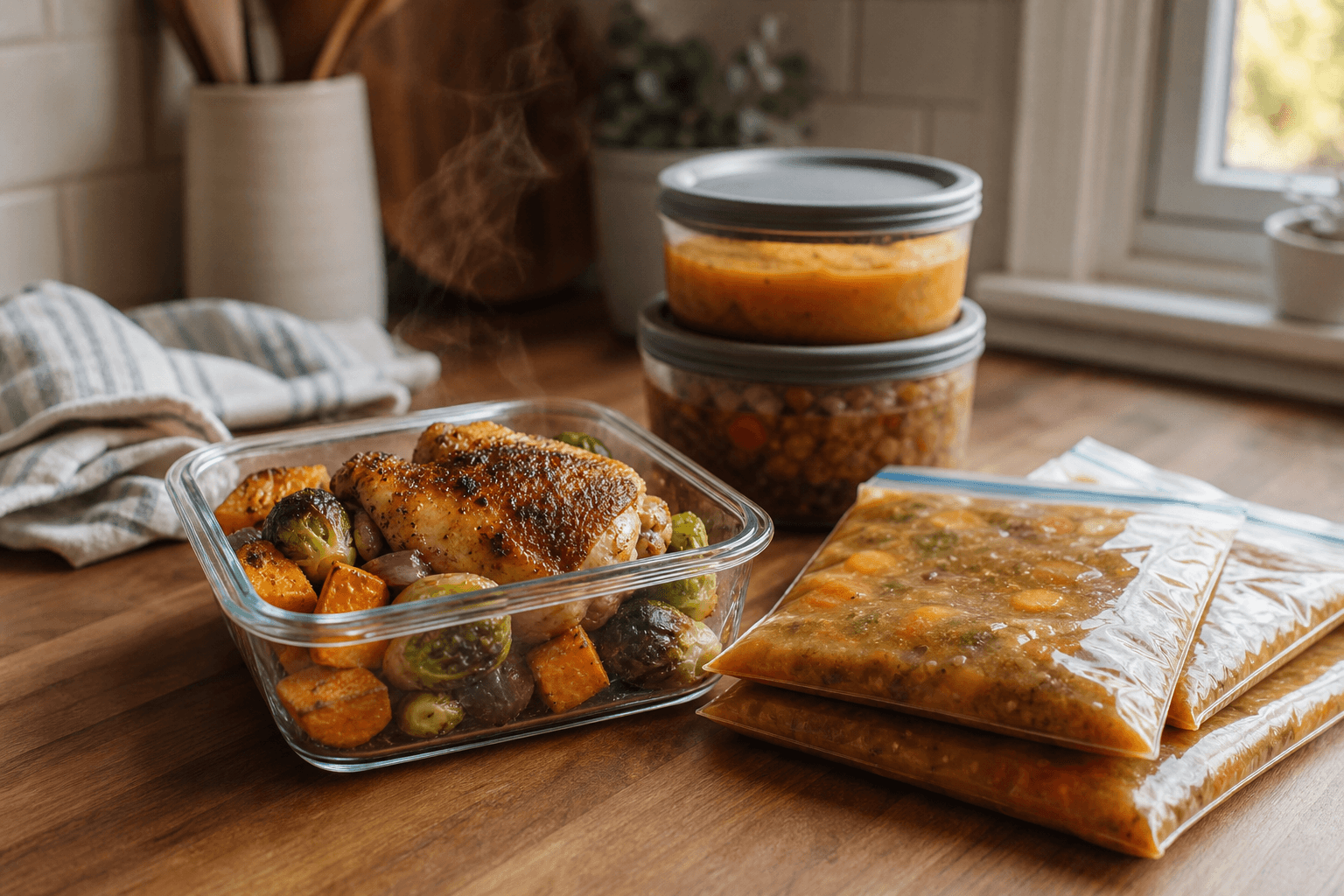 A single portion of roasted chicken and vegetables in a small glass container next to labeled freezer bags of soup, set on a warm wooden kitchen counter