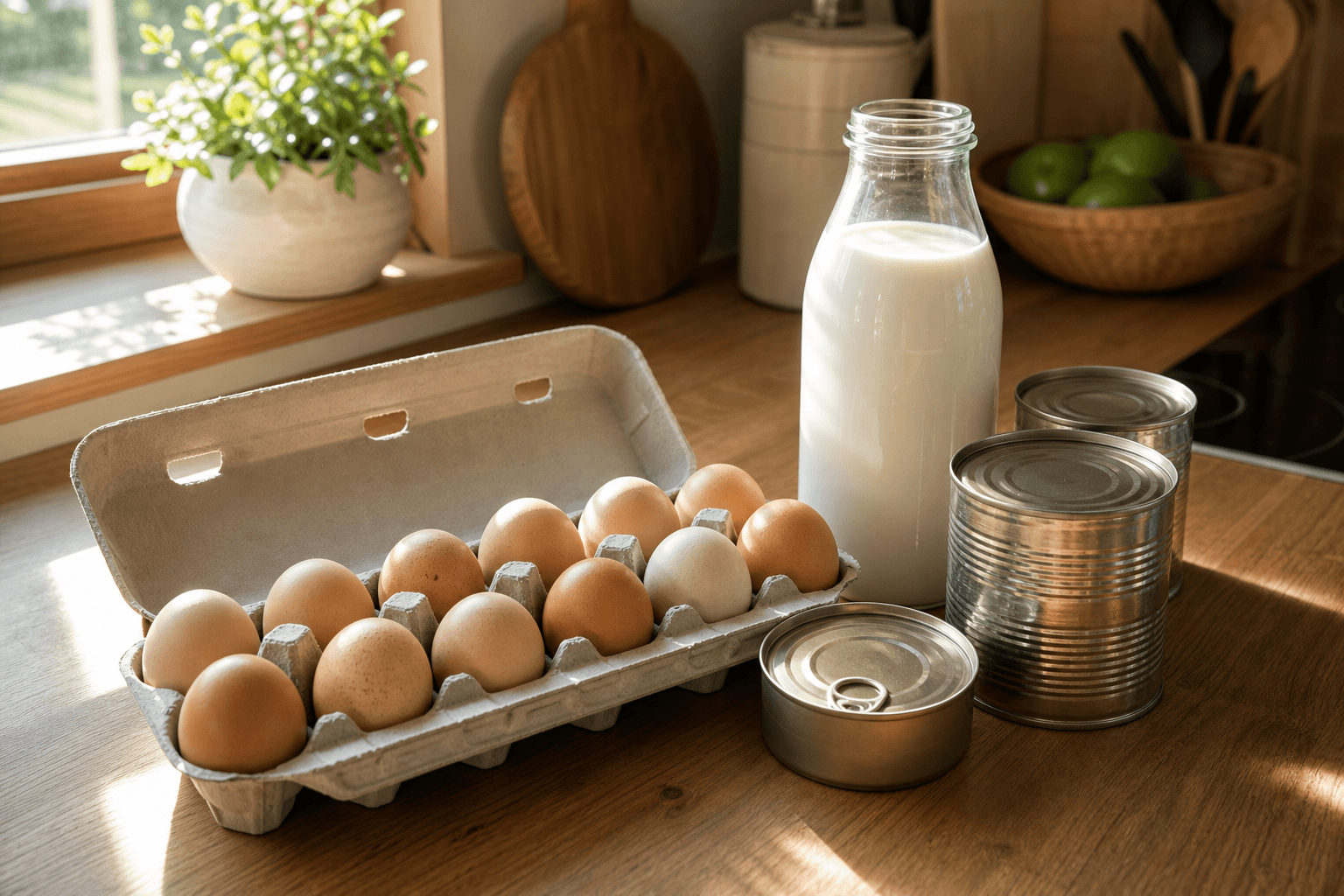 Eggs, a milk carton, and canned goods with date labels arranged on a kitchen counter in natural light
