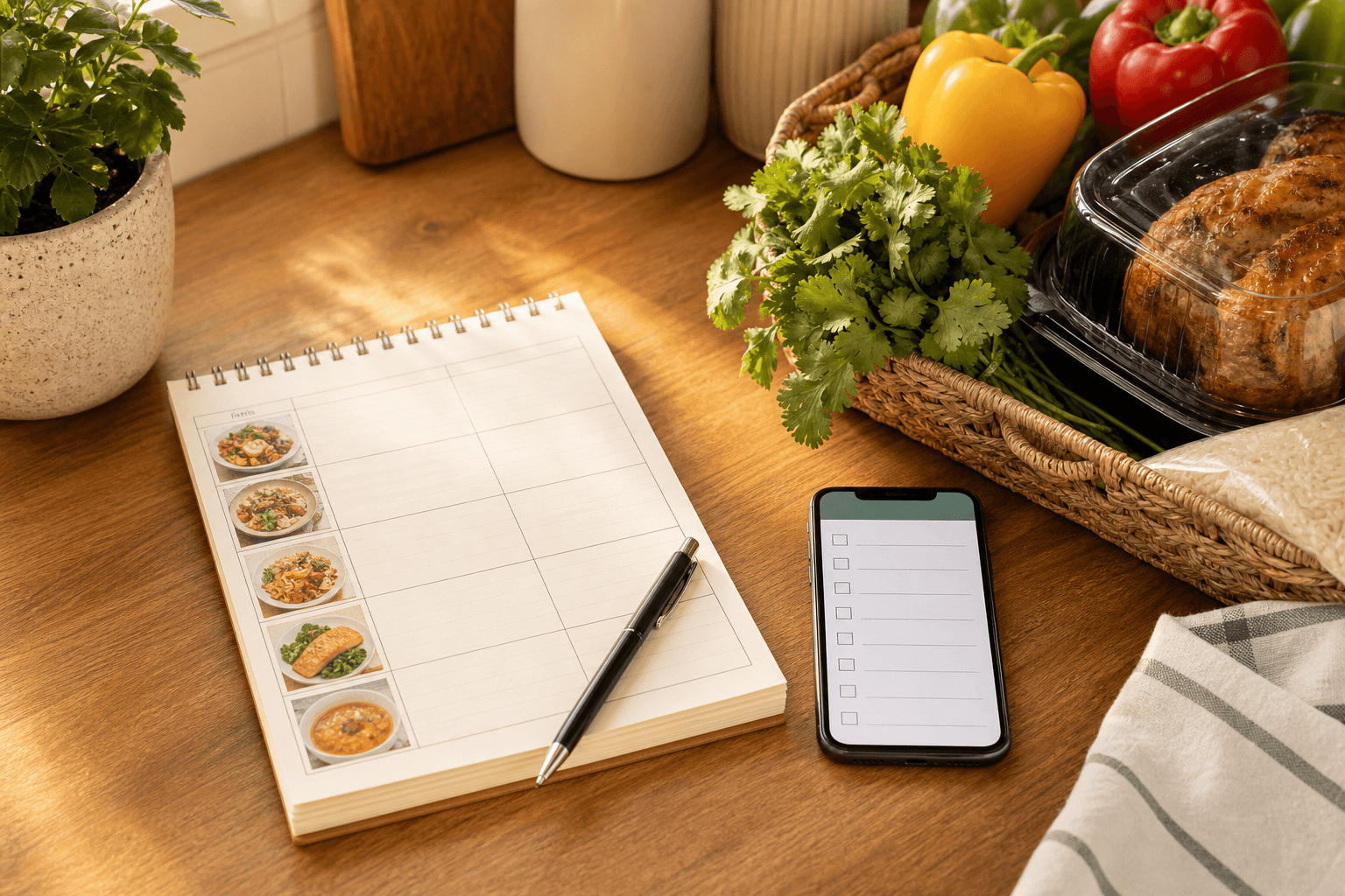 A handwritten weekly meal plan on a kitchen counter next to fresh groceries including a rotisserie chicken, bell peppers, cilantro, and rice, illustrating how meal planning reduces food waste.
