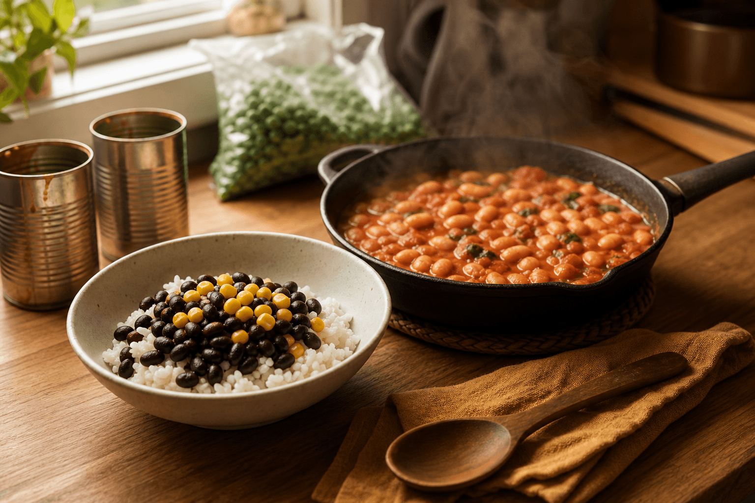 A bowl of black bean rice and a skillet of white bean tomato dinner on a kitchen counter, made from pantry and freezer staples