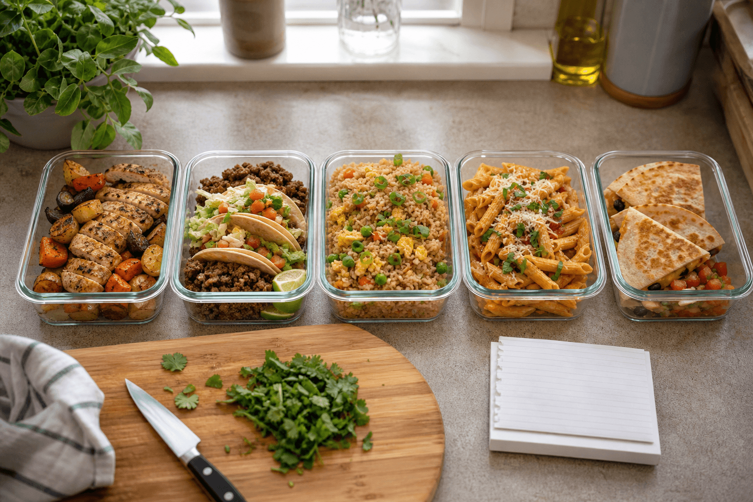 Five simple homemade weeknight dinners in containers lined up on a kitchen counter as an alternative to ordering takeout