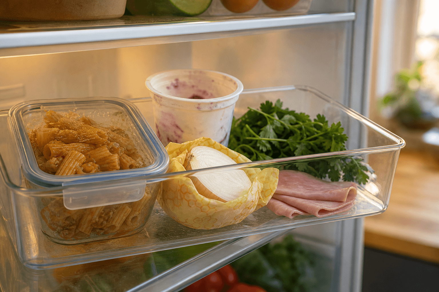 A clear bin on a fridge shelf holding leftovers, opened yogurt, fresh herbs, and other food that needs to be eaten first