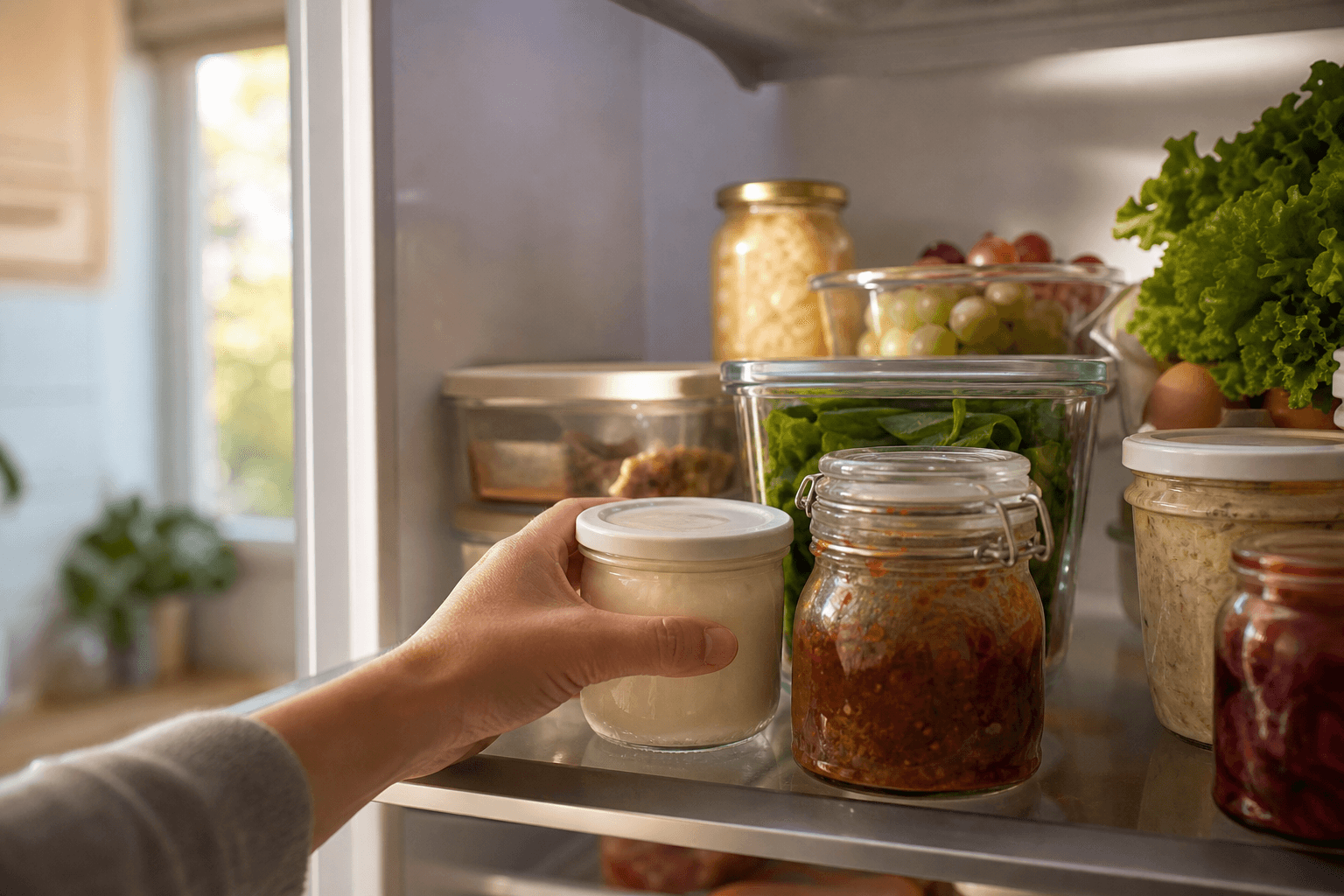 A refrigerator shelf organized with older food containers placed in front and newer groceries pushed to the back, demonstrating the FIFO method.