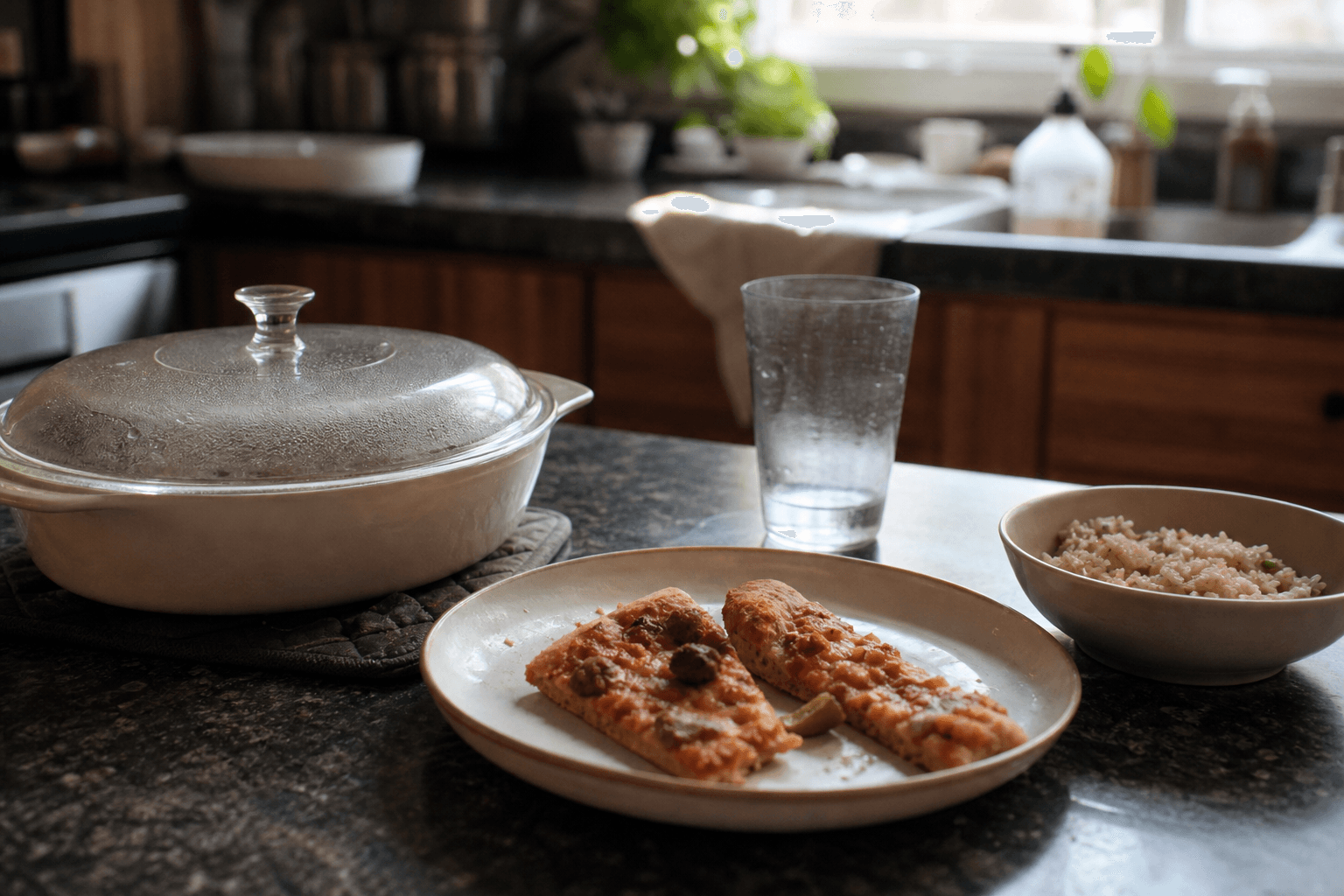 Leftover food containers sitting uncovered on a kitchen counter overnight