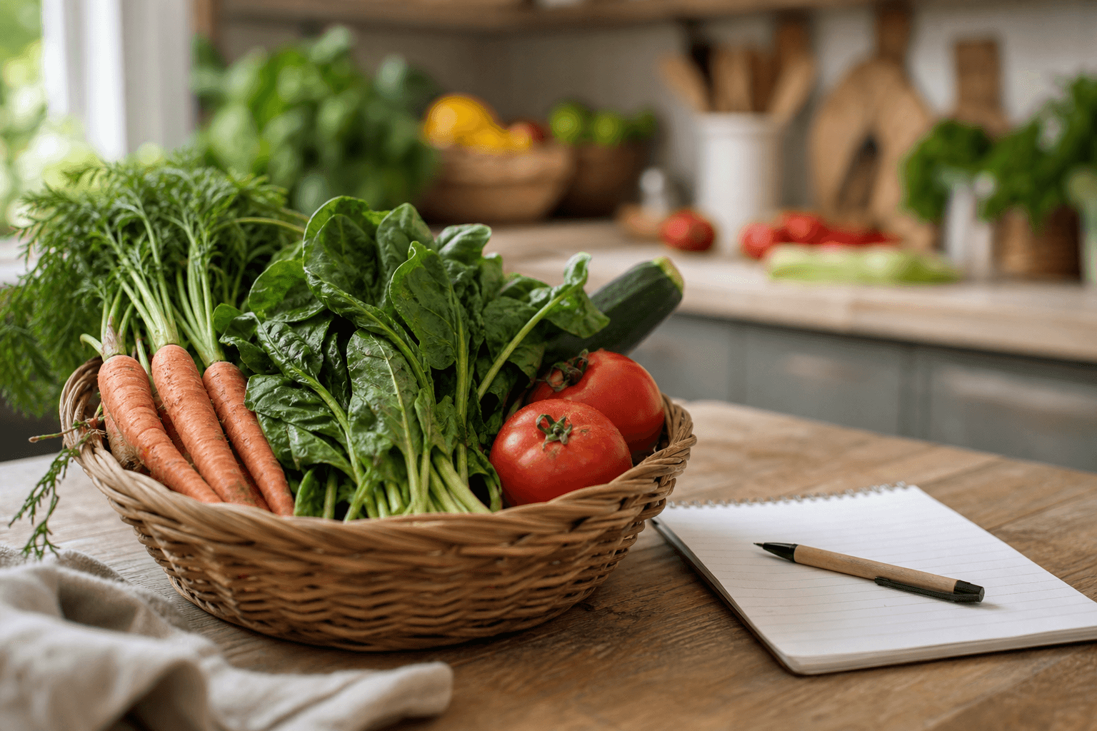 A basket of slightly wilting vegetables and produce sitting on a home kitchen counter next to a grocery list, illustrating household food waste in America.