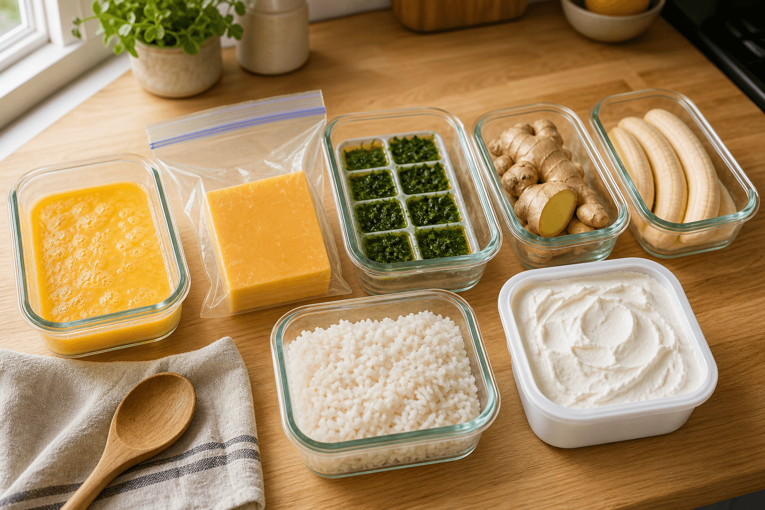 Freezer-safe containers of eggs, cheese, herbs, ginger, bananas, and rice arranged on a kitchen counter