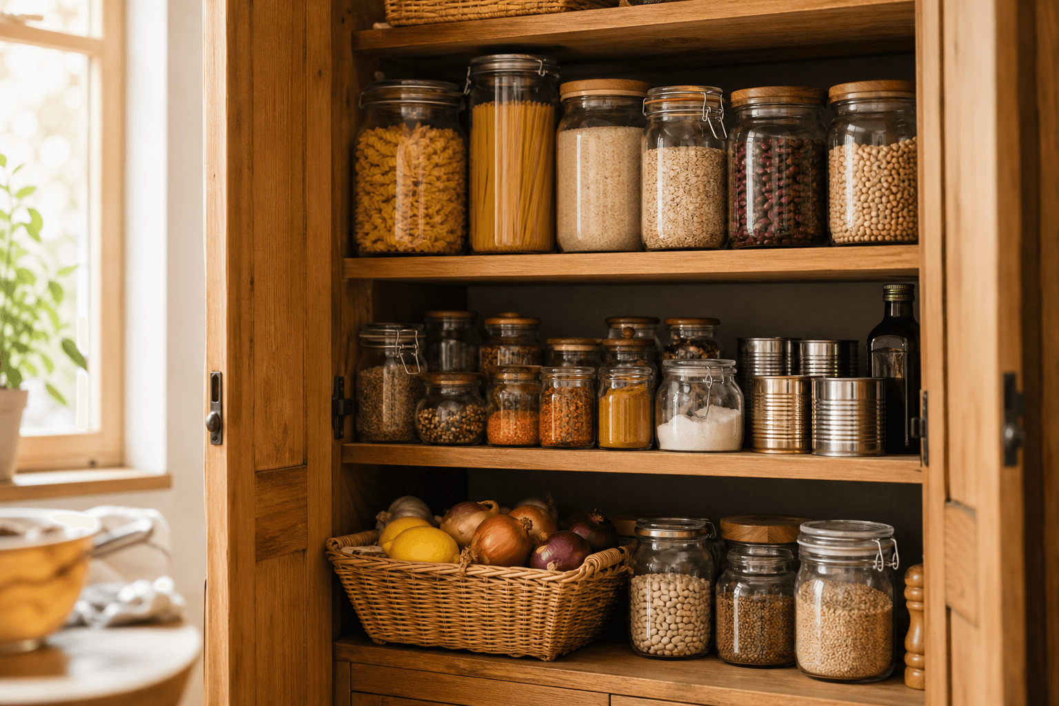 Organized home pantry shelves with glass jars of dry goods, canned food, and fresh produce in warm natural light