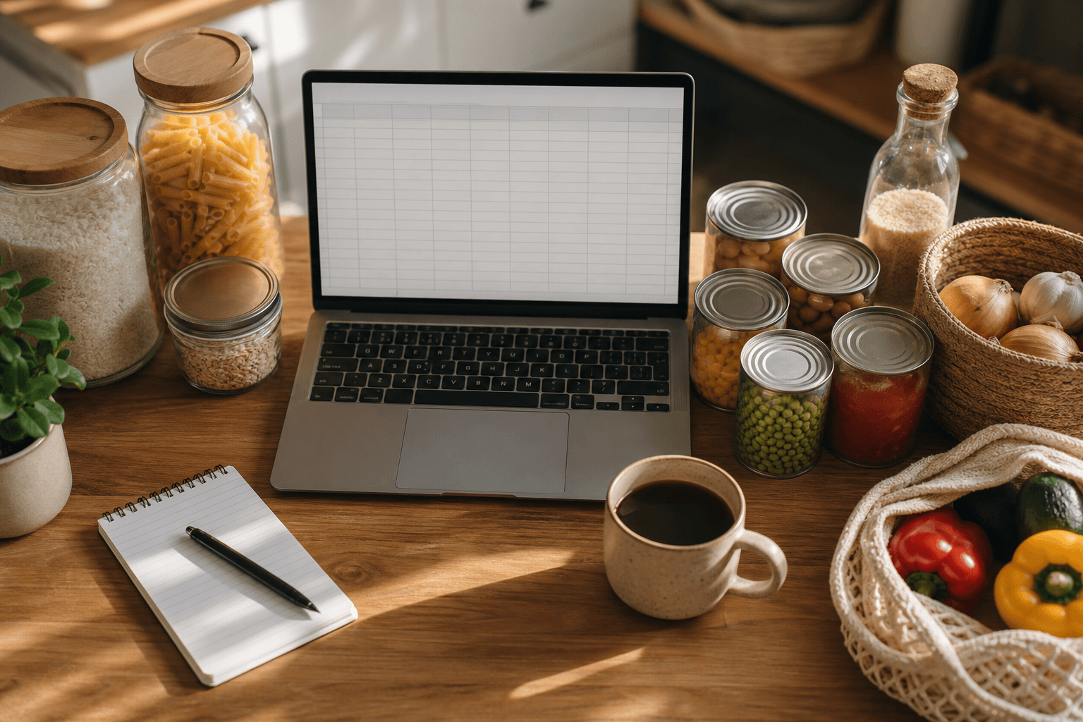 Laptop showing a pantry inventory spreadsheet on a kitchen counter surrounded by jars of rice, pasta, and canned goods