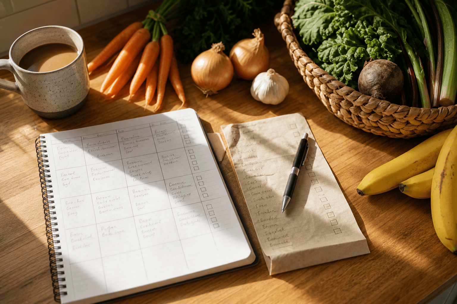 A handwritten weekly meal planner and grocery list on a kitchen counter surrounded by fresh produce