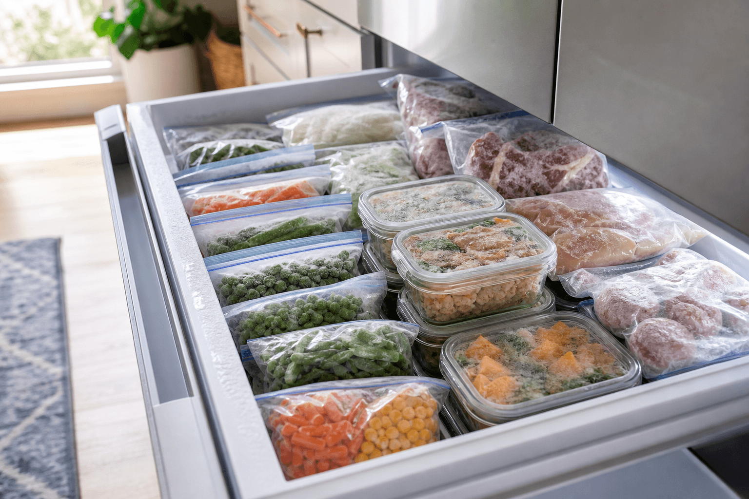 A neatly organized freezer drawer filled with labeled bags and containers of frozen food in a warm home kitchen