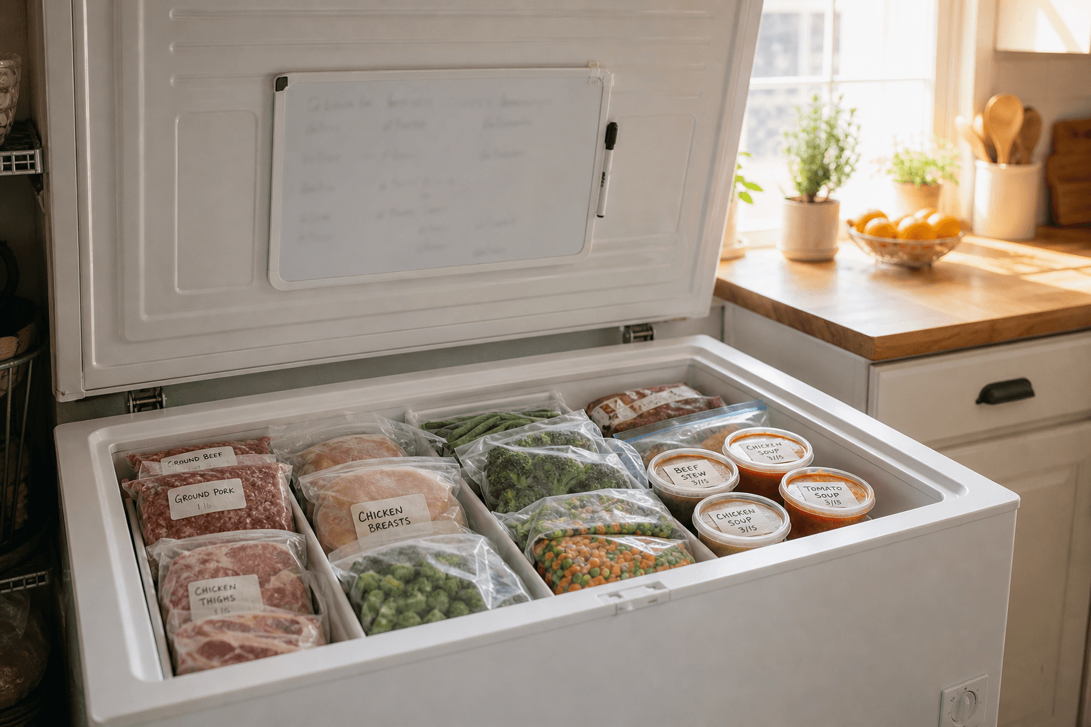 A dry-erase whiteboard mounted on the inside lid of a home chest freezer, tracking frozen food inventory alongside neatly stacked labeled bags and containers of meat and vegetables.