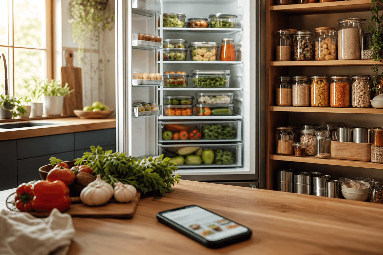 Organized fridge and pantry shelves with a smartphone on the counter, representing a fridge, pantry, and freezer inventory app with expiry reminders.
