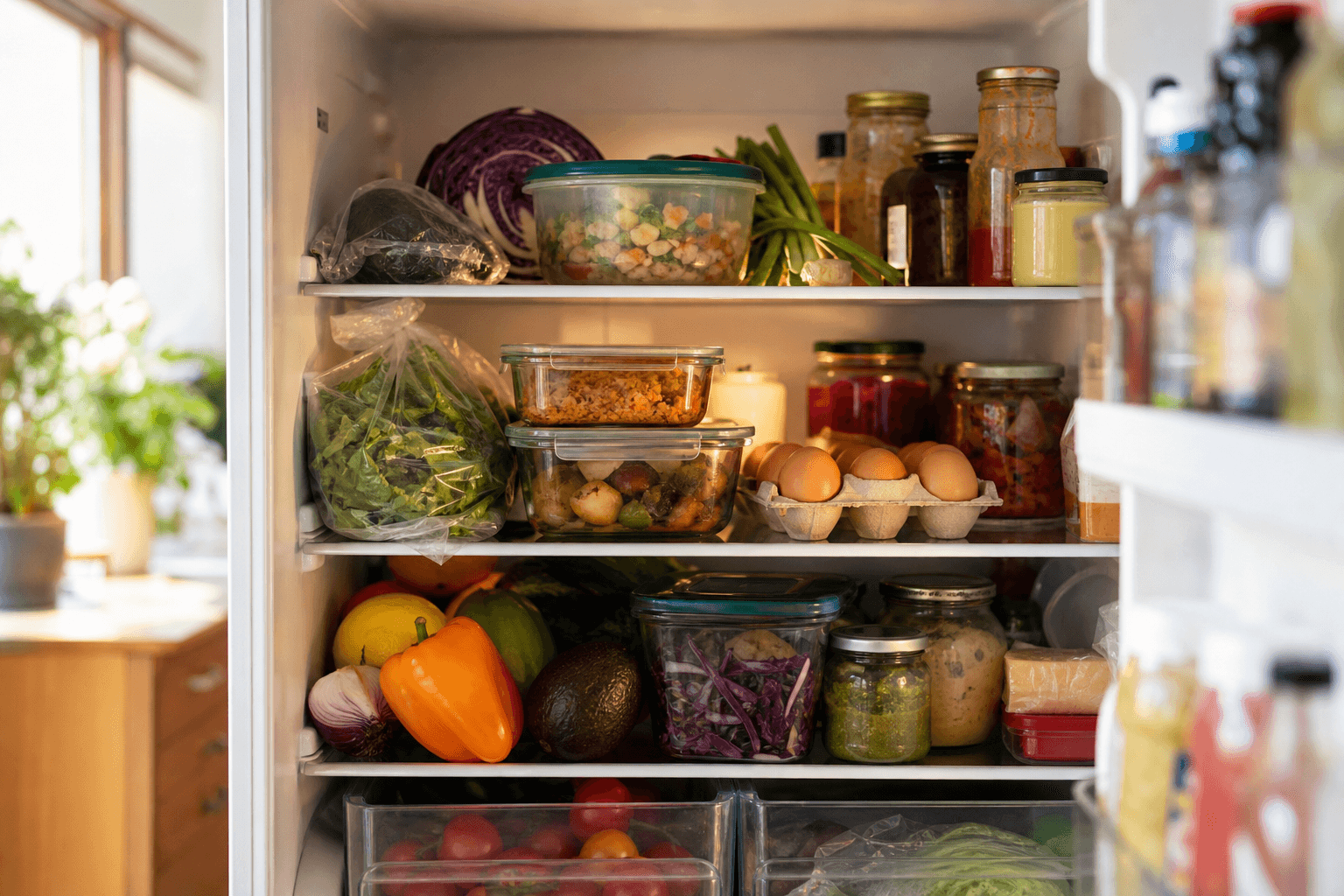 An open home refrigerator packed with mismatched leftovers, half-used vegetables, and condiment jars
