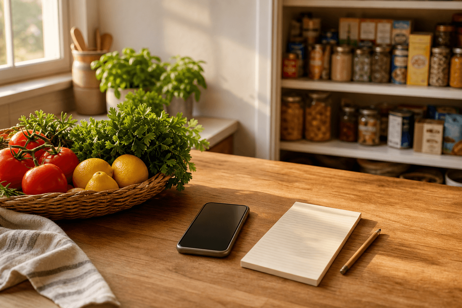 A handwritten grocery list and phone resting on a kitchen counter beside fresh produce and a stocked pantry, representing a grocery list app that knows what you already have