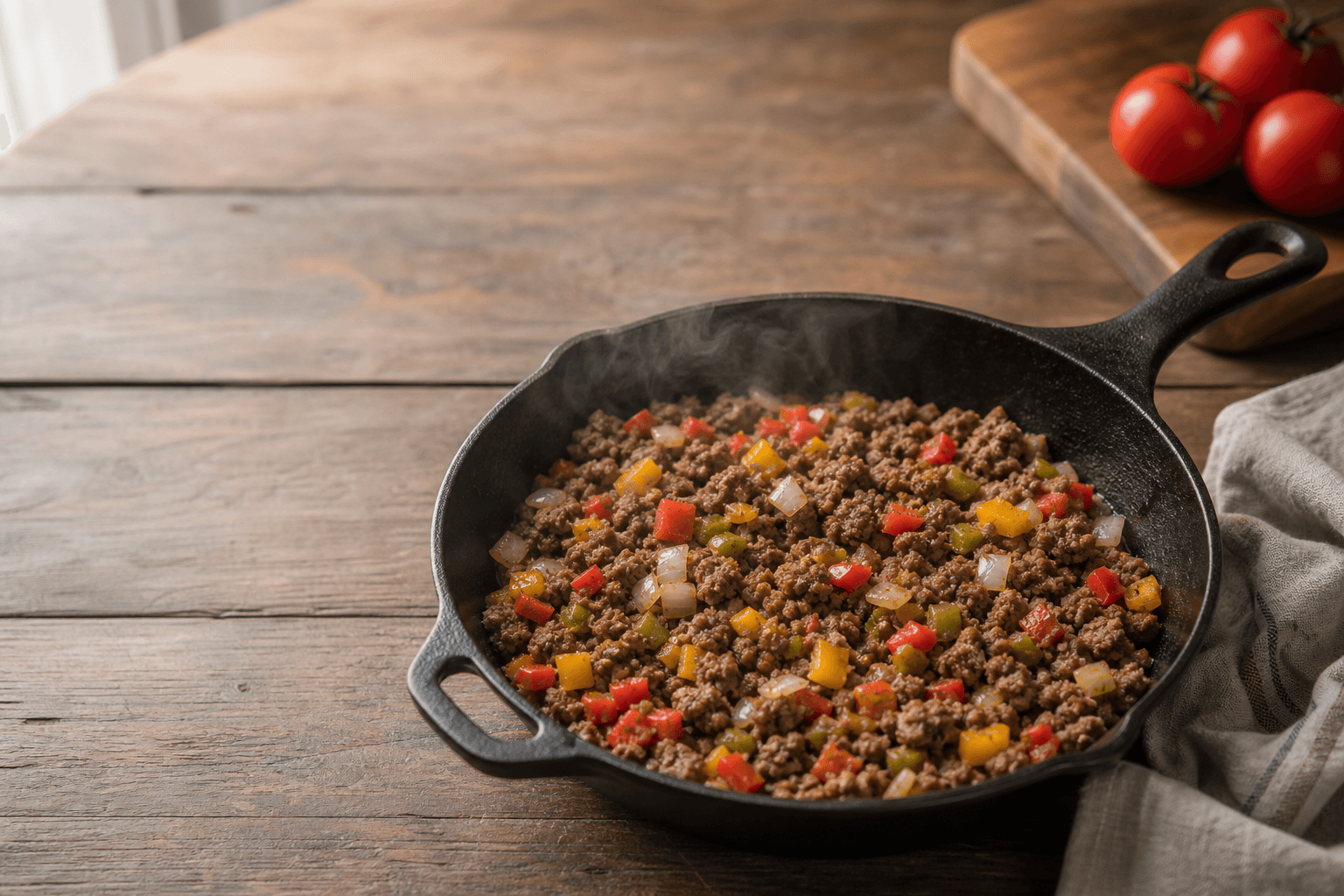 Overhead view of browned ground beef with onions and bell peppers cooking in a cast iron skillet on a wooden kitchen counter