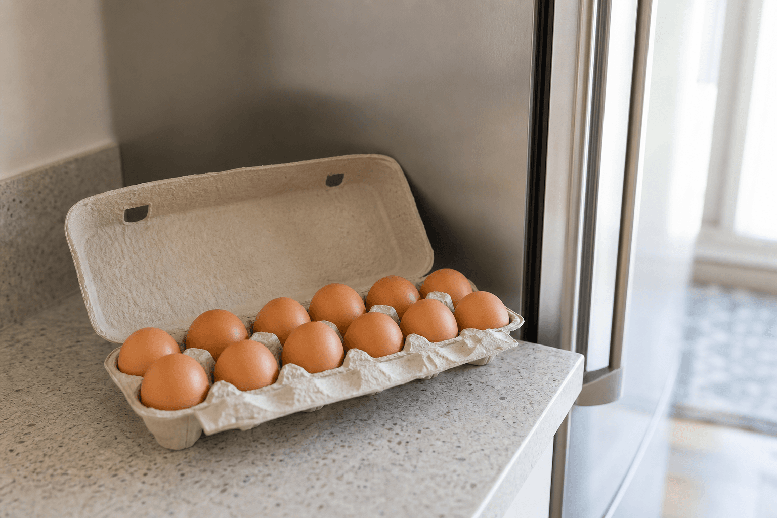An open carton of eggs on a kitchen counter