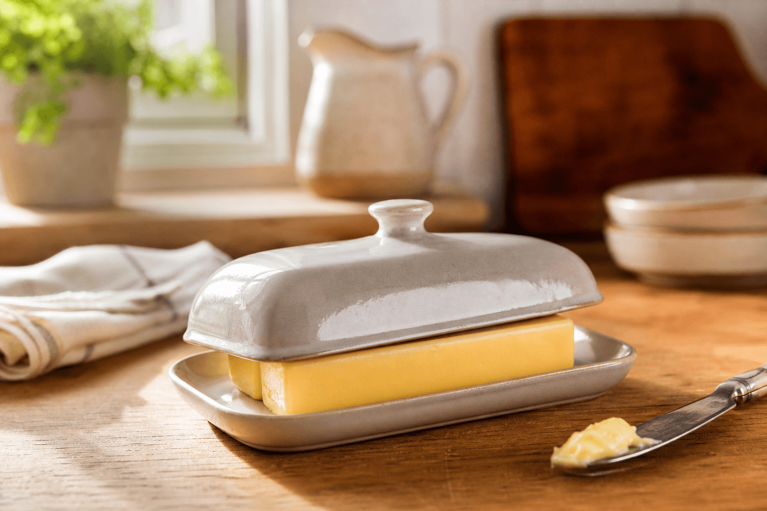 A covered butter dish with a stick of butter sitting on a kitchen counter in warm natural light
