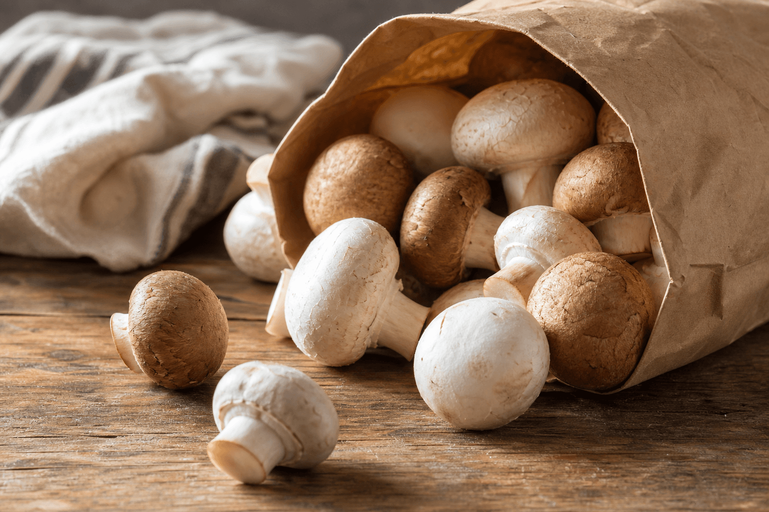 Fresh whole mushrooms spilling out of a paper bag onto a wooden kitchen counter