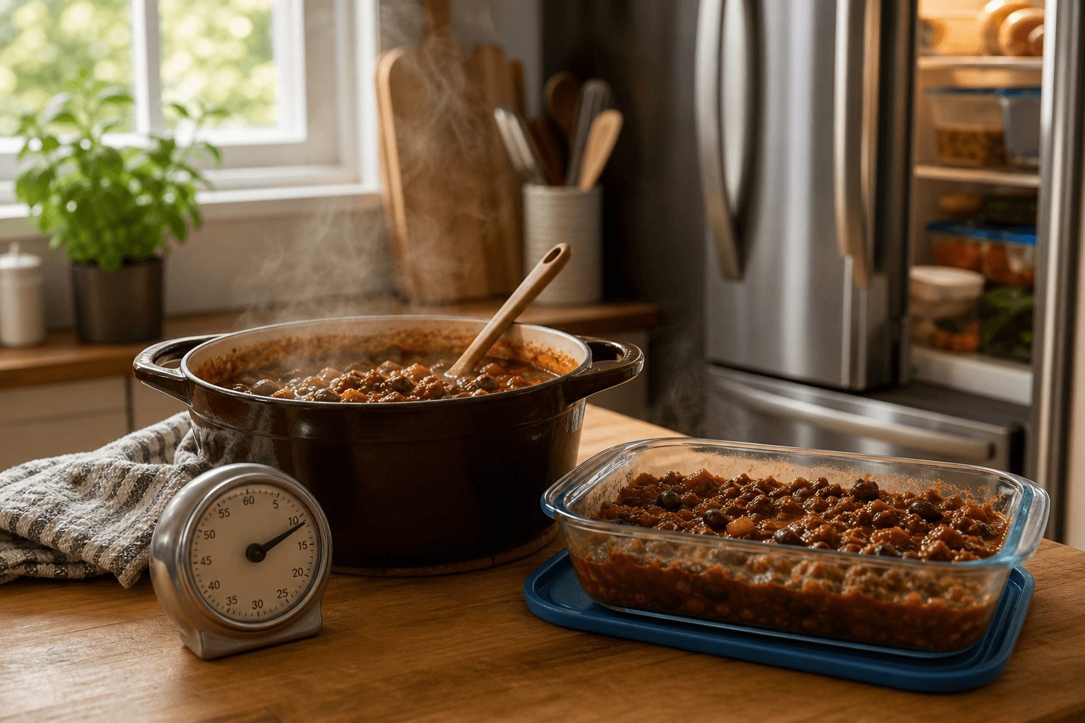 A pot of cooked stew and a casserole dish cooling on a kitchen counter next to an open refrigerator, illustrating how long leftovers can sit out before refrigerating