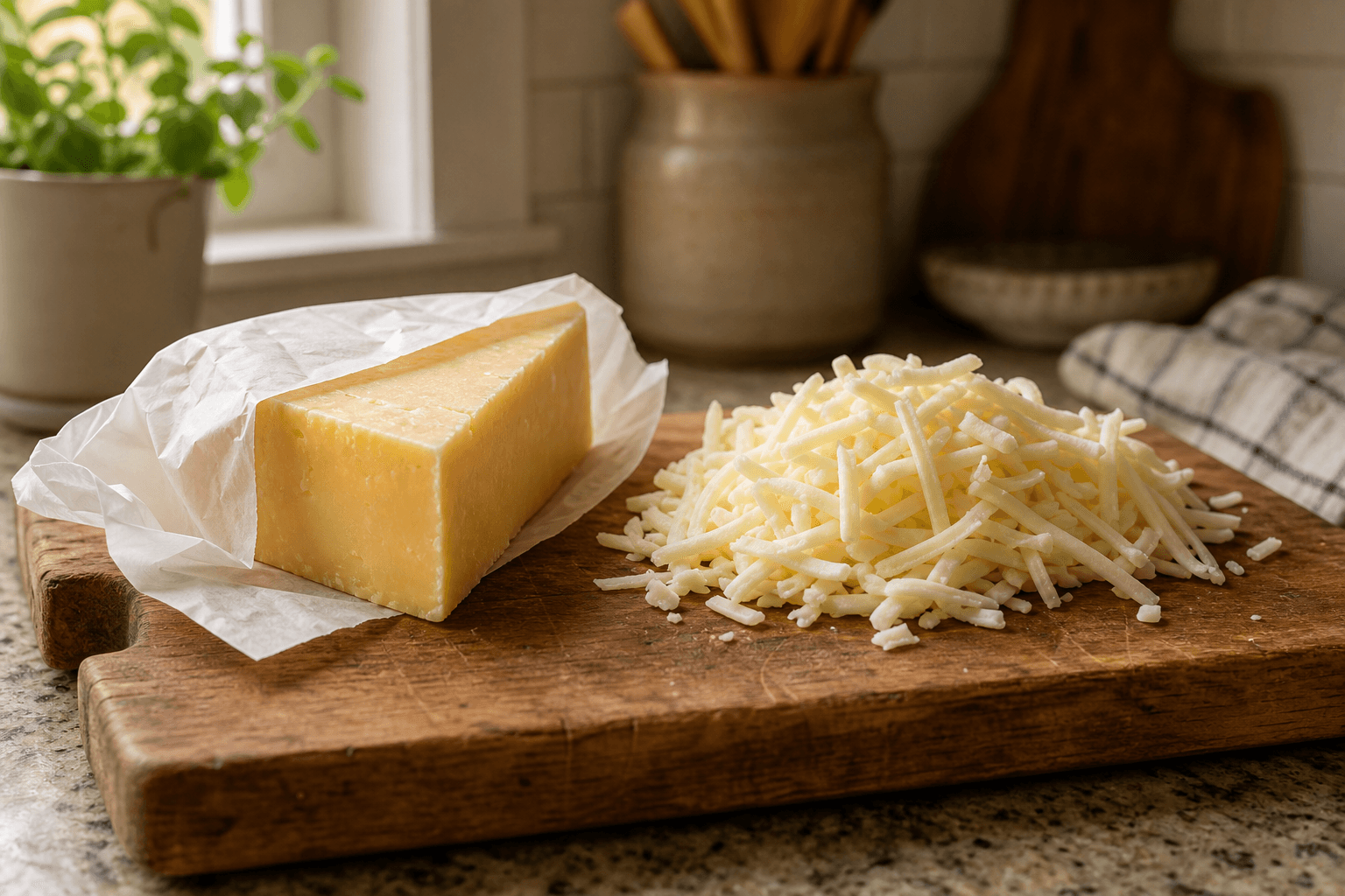 A block of cheddar cheese and a bag of shredded mozzarella being wrapped for the freezer on a wooden kitchen counter