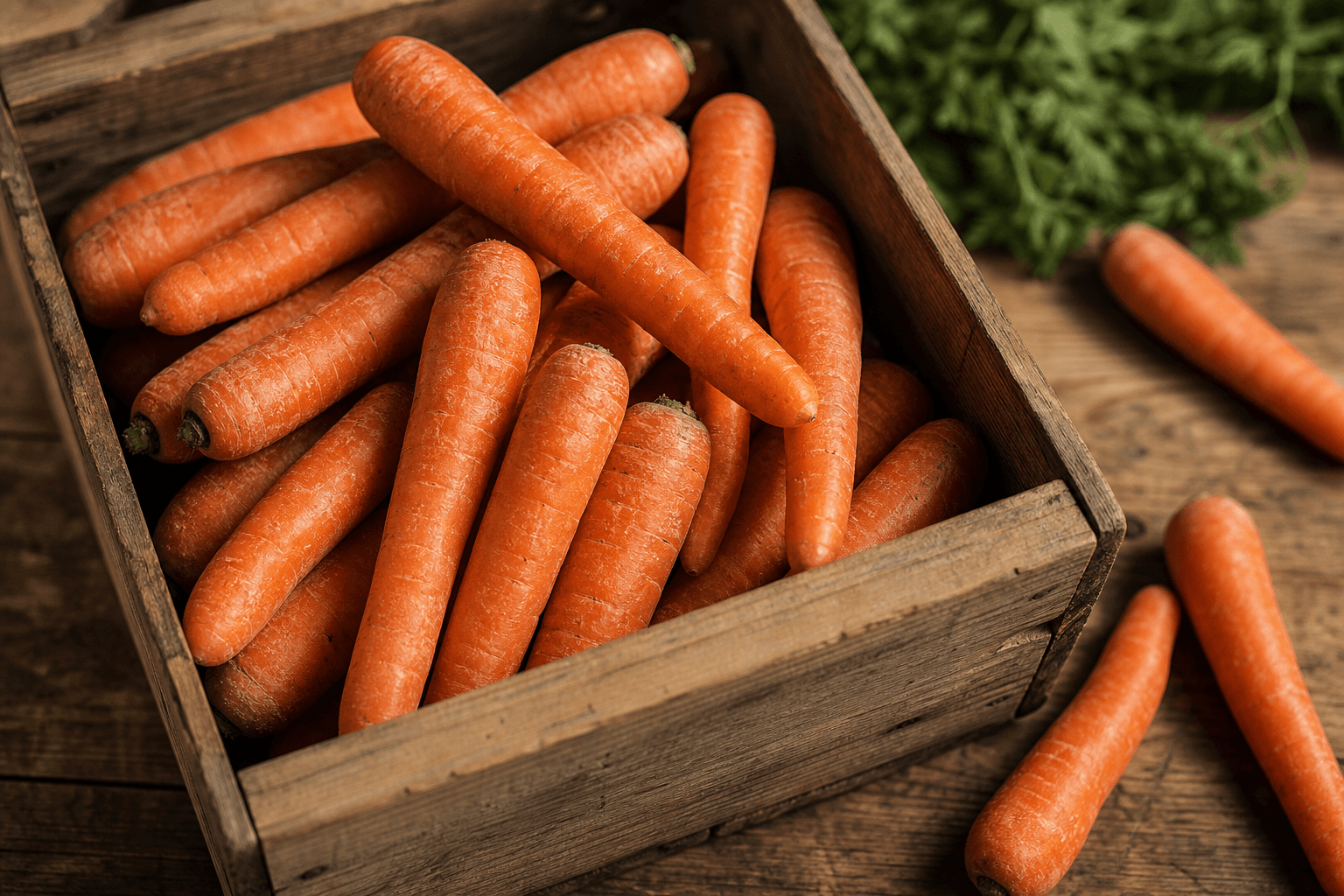 Fresh whole carrots with tops removed stored in a wooden crate on a kitchen counter in warm natural light
