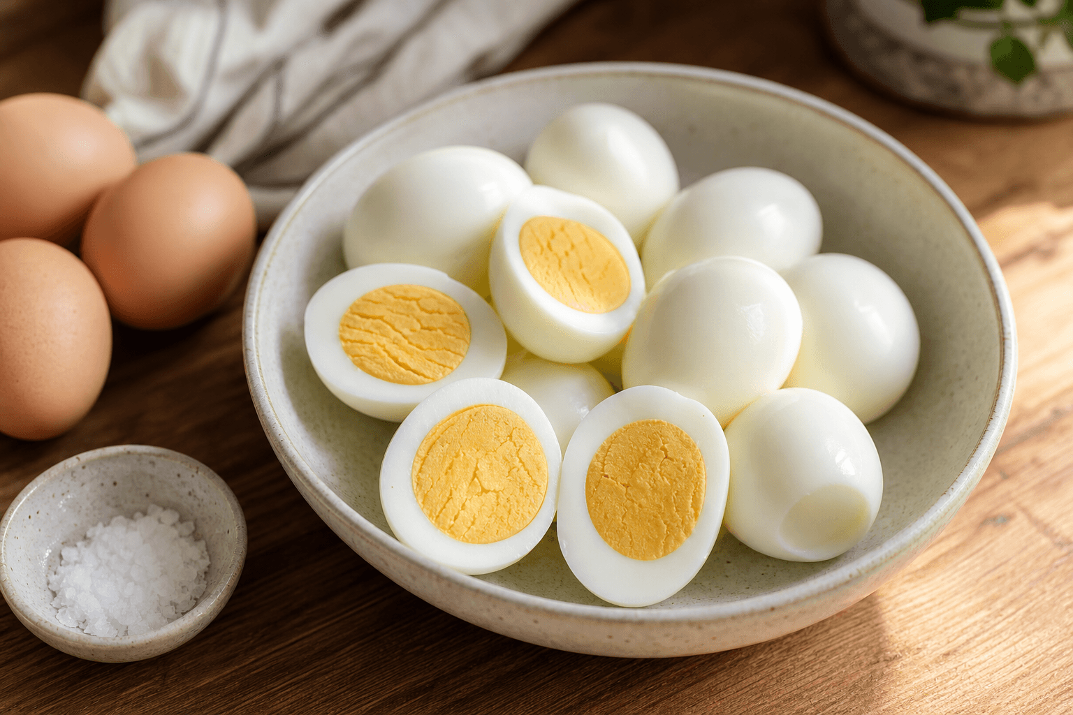 Peeled hard boiled eggs, some halved to show the yolk, in a bowl on a kitchen counter