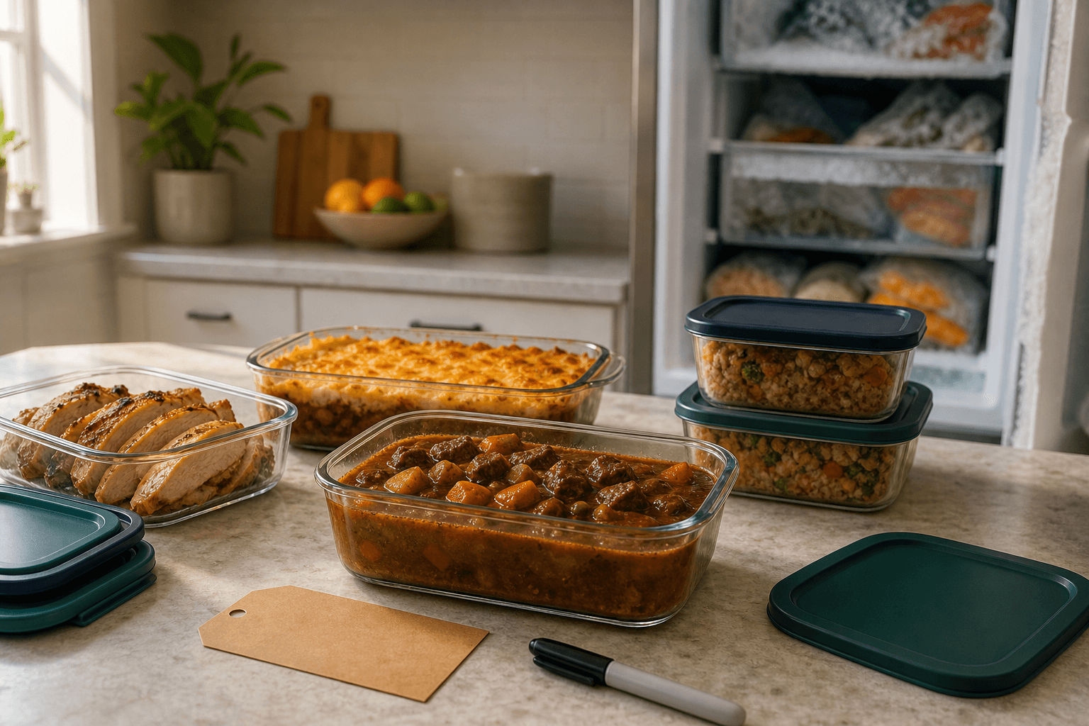 Glass meal-prep containers of cooked leftovers like stew, casserole, and sliced roasted chicken on a kitchen counter, ready to be labeled and frozen