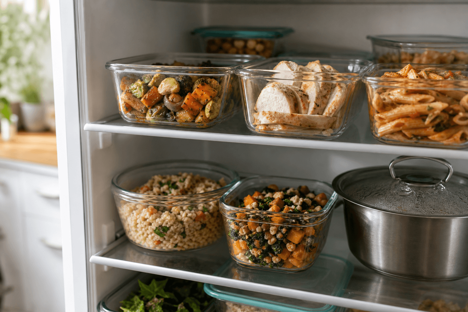 Glass meal-prep containers of cooked leftovers, including pasta, roasted vegetables, and sliced chicken, stored on a refrigerator shelf in natural light