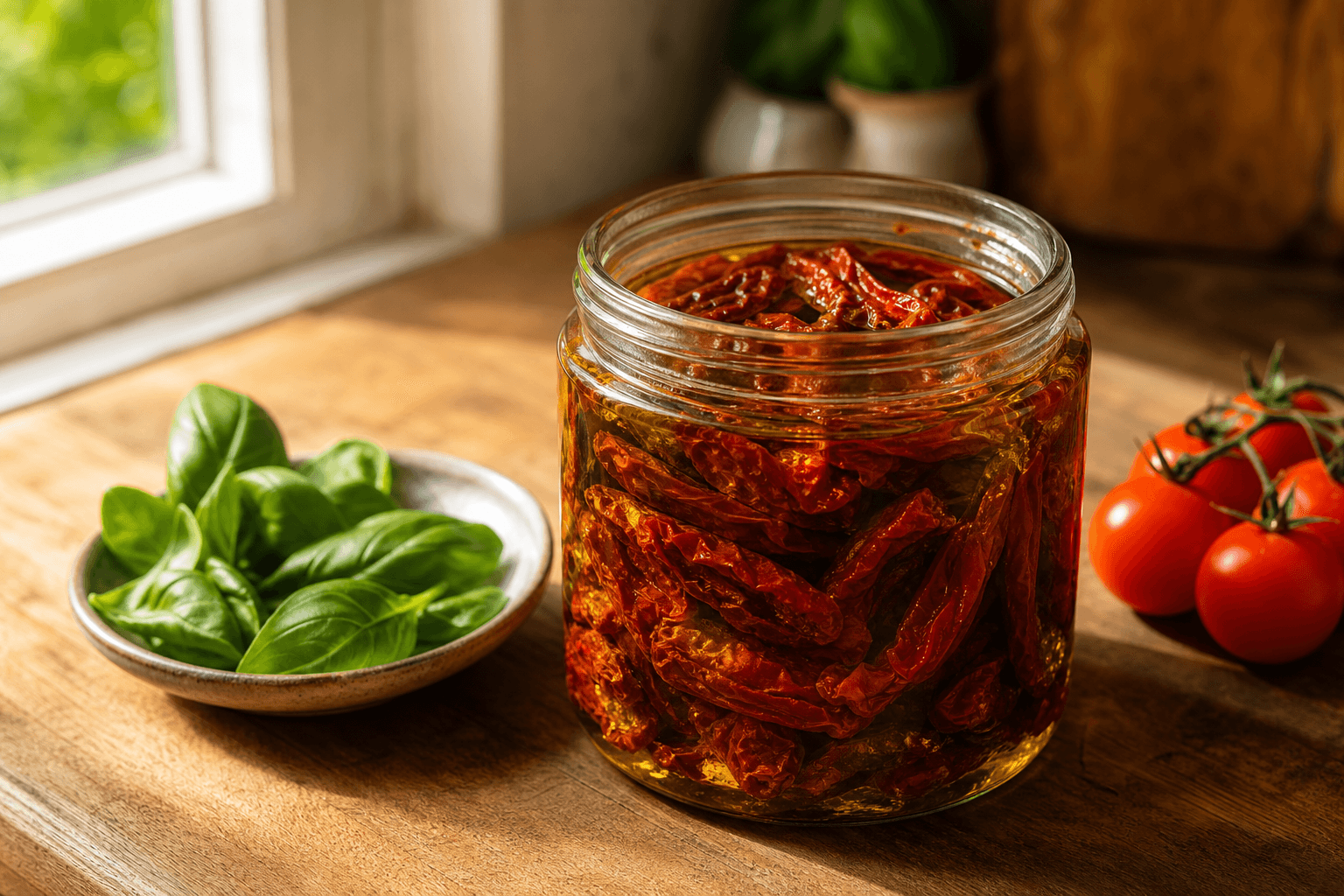 An open glass jar of sun-dried tomatoes submerged in olive oil on a kitchen counter