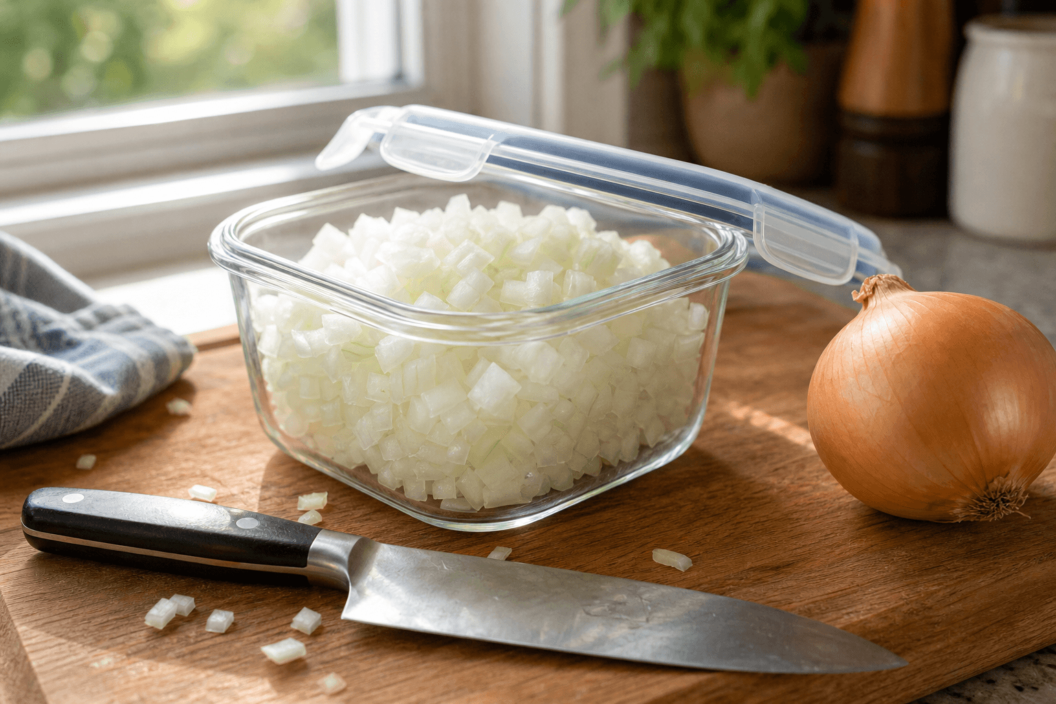 Freshly chopped onion piled in a clear glass airtight container on a wooden cutting board in a home kitchen