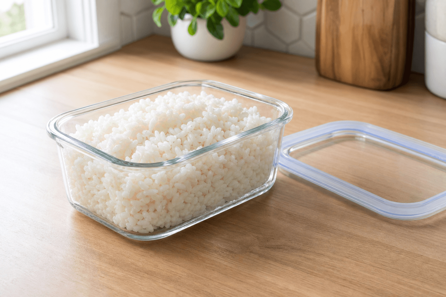 A glass container of cooked white rice on a kitchen counter
