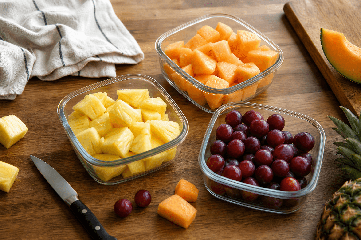 Glass containers of freshly cut cantaloupe, pineapple, and grapes stored in the refrigerator in warm natural light