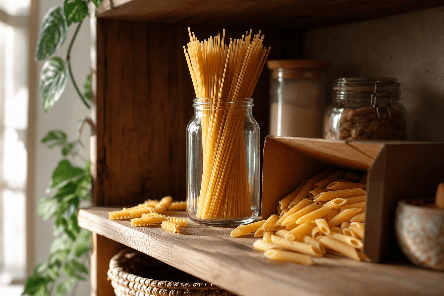 An open glass jar of dry spaghetti next to a folded pasta box on a wooden pantry shelf, illustrating how long dry pasta lasts after opening