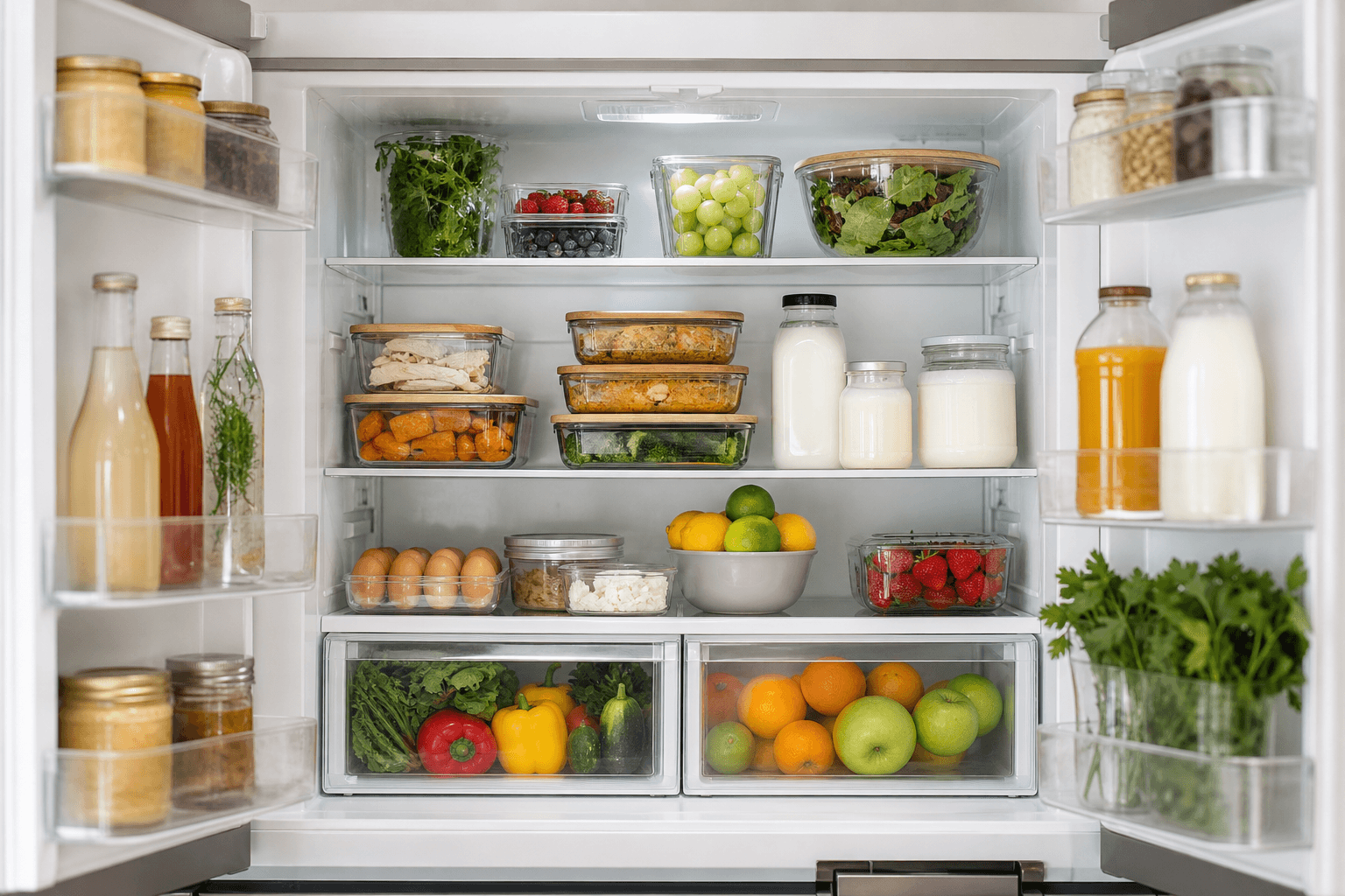 An organized refrigerator stocked with fresh food and labeled leftover containers