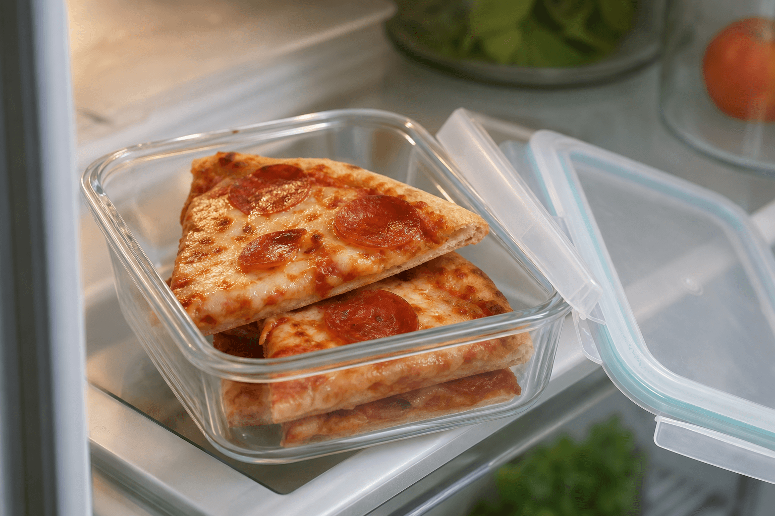 Slices of leftover cheese pizza stored in an open airtight container inside a refrigerator
