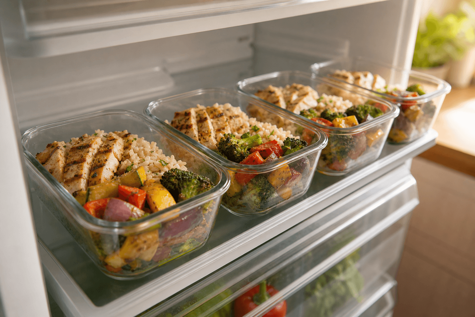 Glass meal-prep containers of cooked chicken, rice, and roasted vegetables stored on a refrigerator shelf