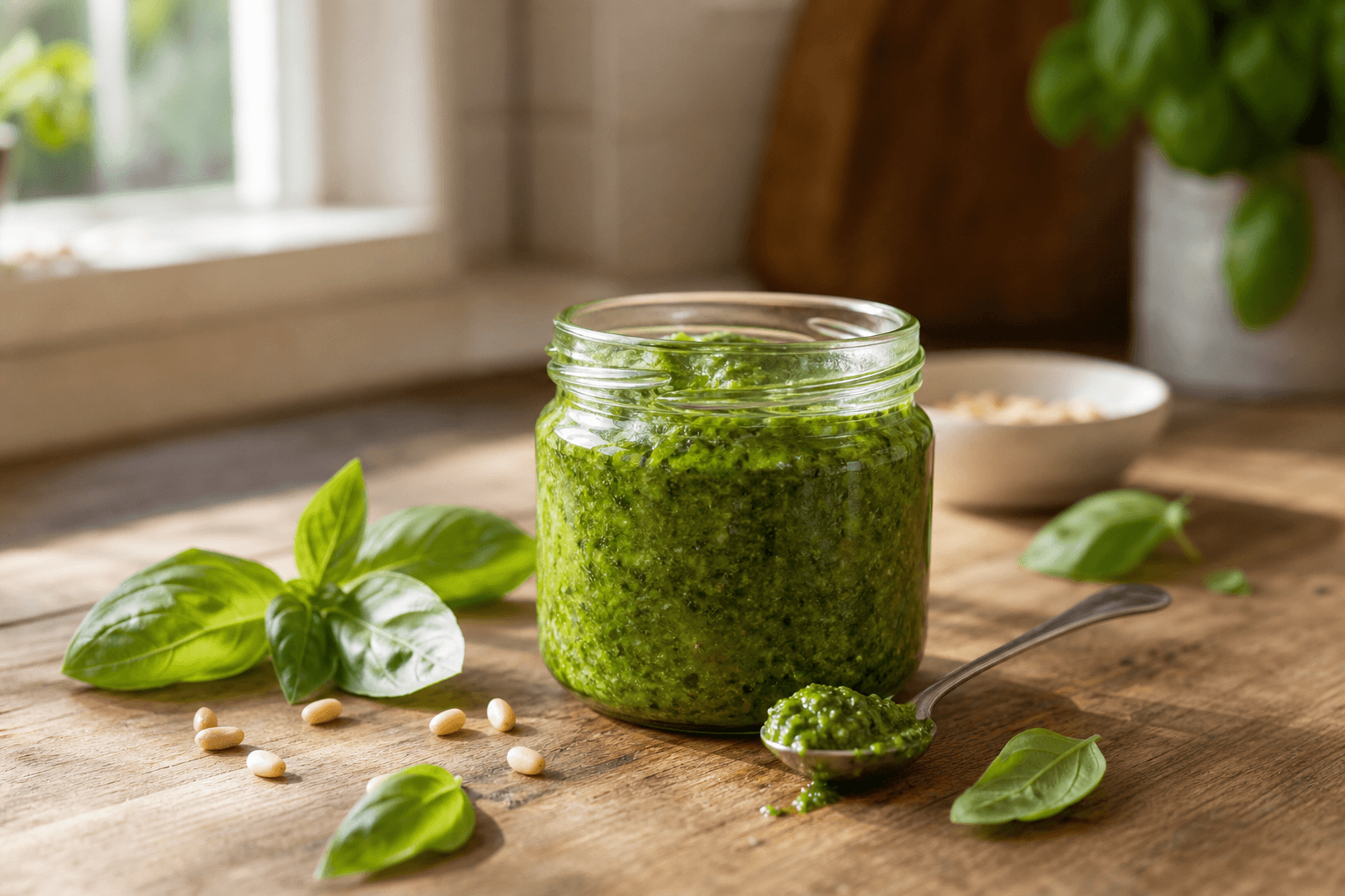 A half-used glass jar of bright green basil pesto with a spoon resting beside it on a wooden kitchen counter, next to fresh basil leaves and pine nuts