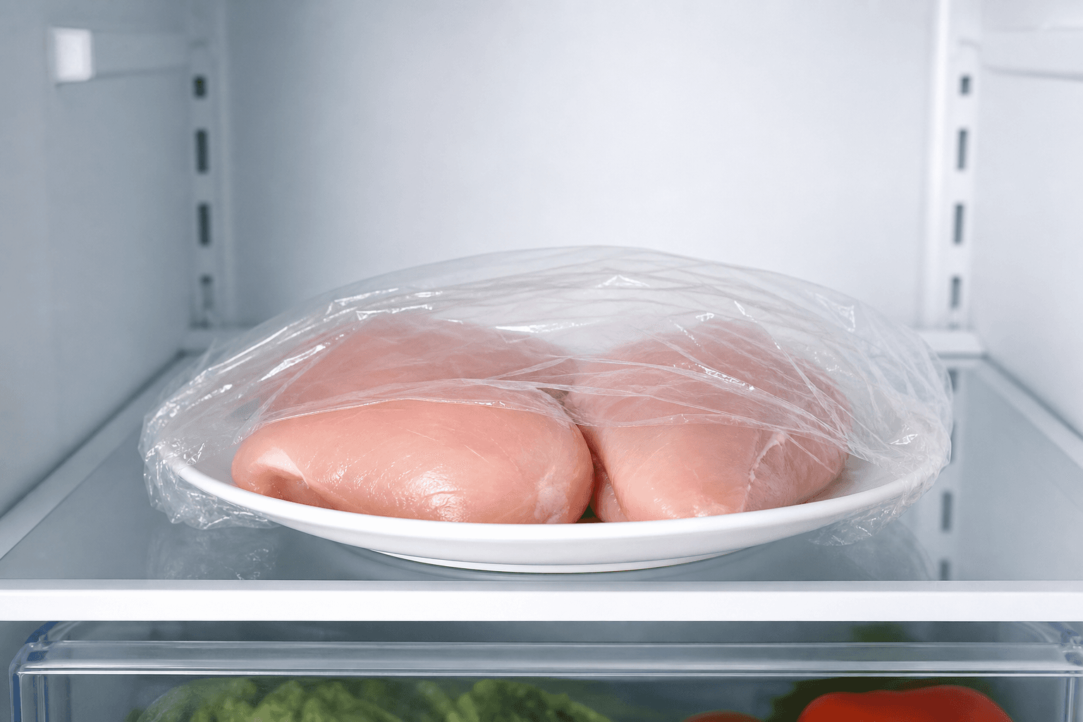 Raw chicken breasts on a plate on a refrigerator shelf