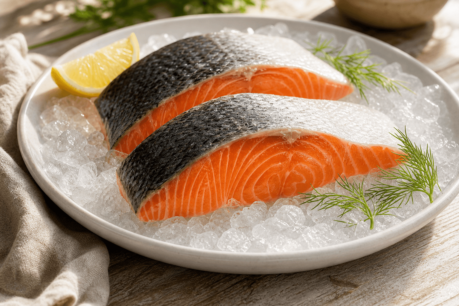 Two fresh raw salmon fillets resting on ice in a kitchen, illustrating how long raw salmon lasts in the fridge