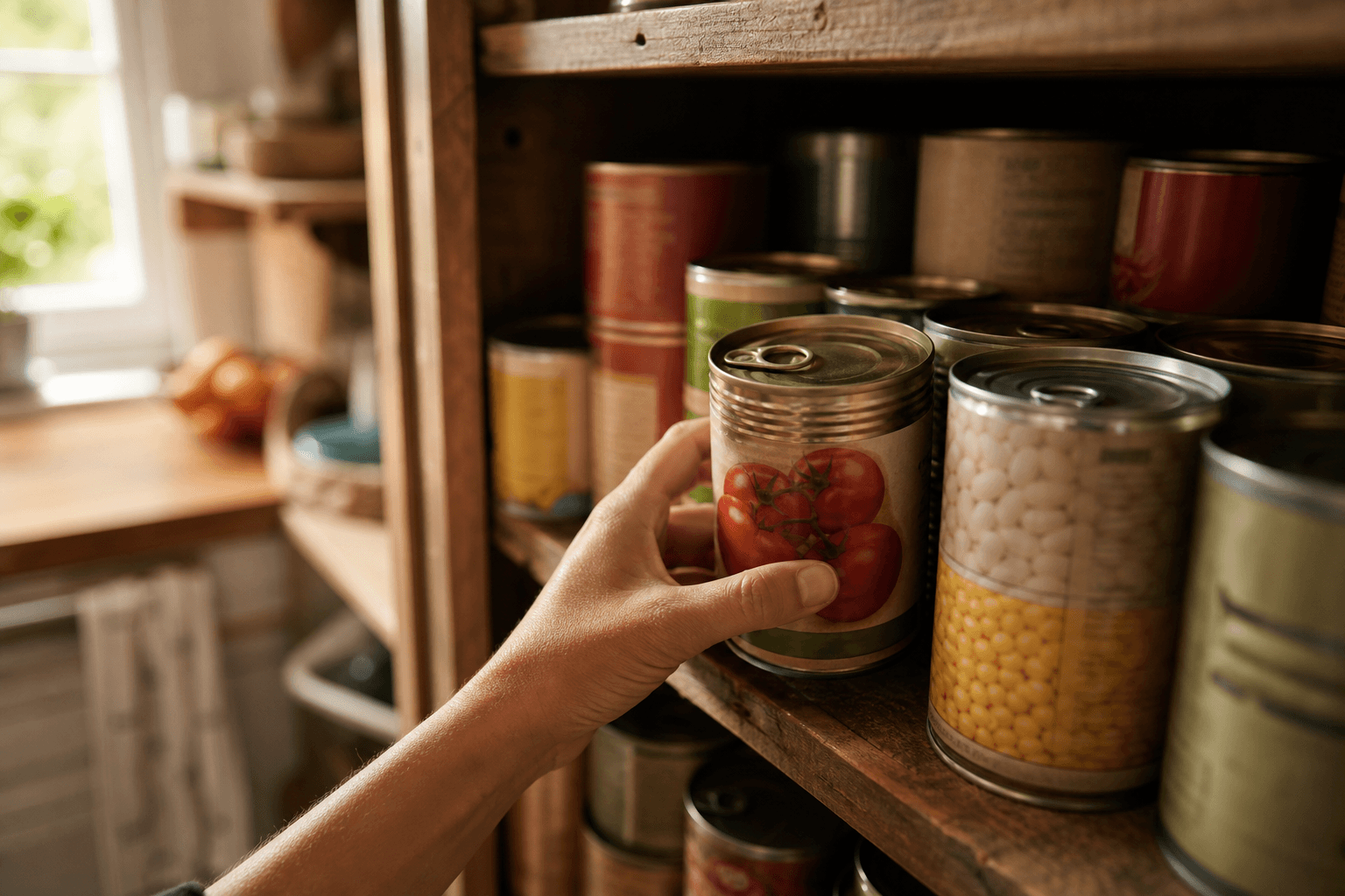 Rows of canned vegetables, soup, and fruit on a wooden pantry shelf, illustrating how long canned food stays safe to eat after its expiration date