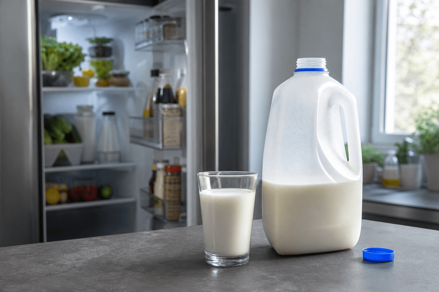 A glass of milk and an open jug beside a refrigerator