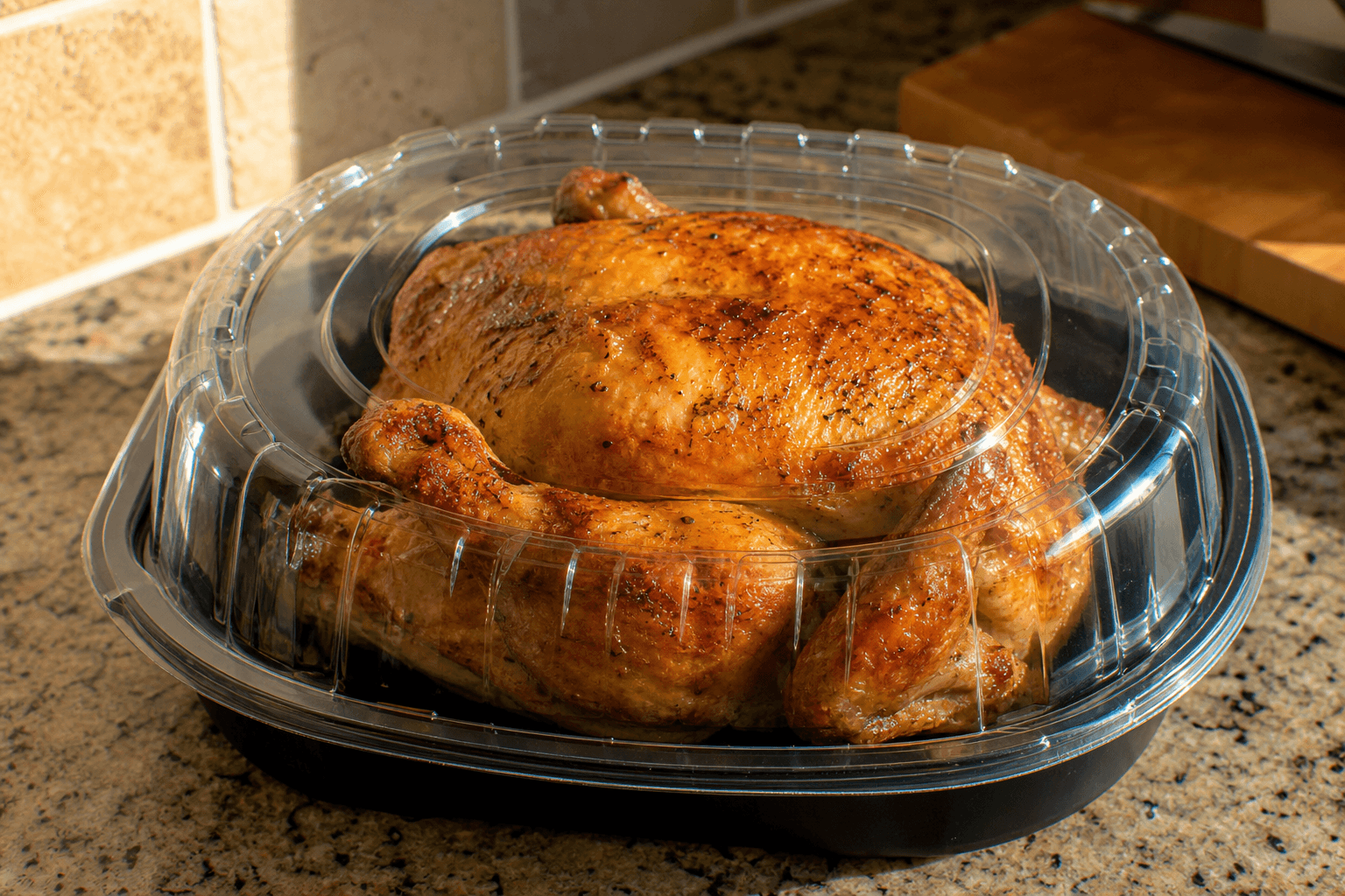 A rotisserie chicken in a clear takeout container