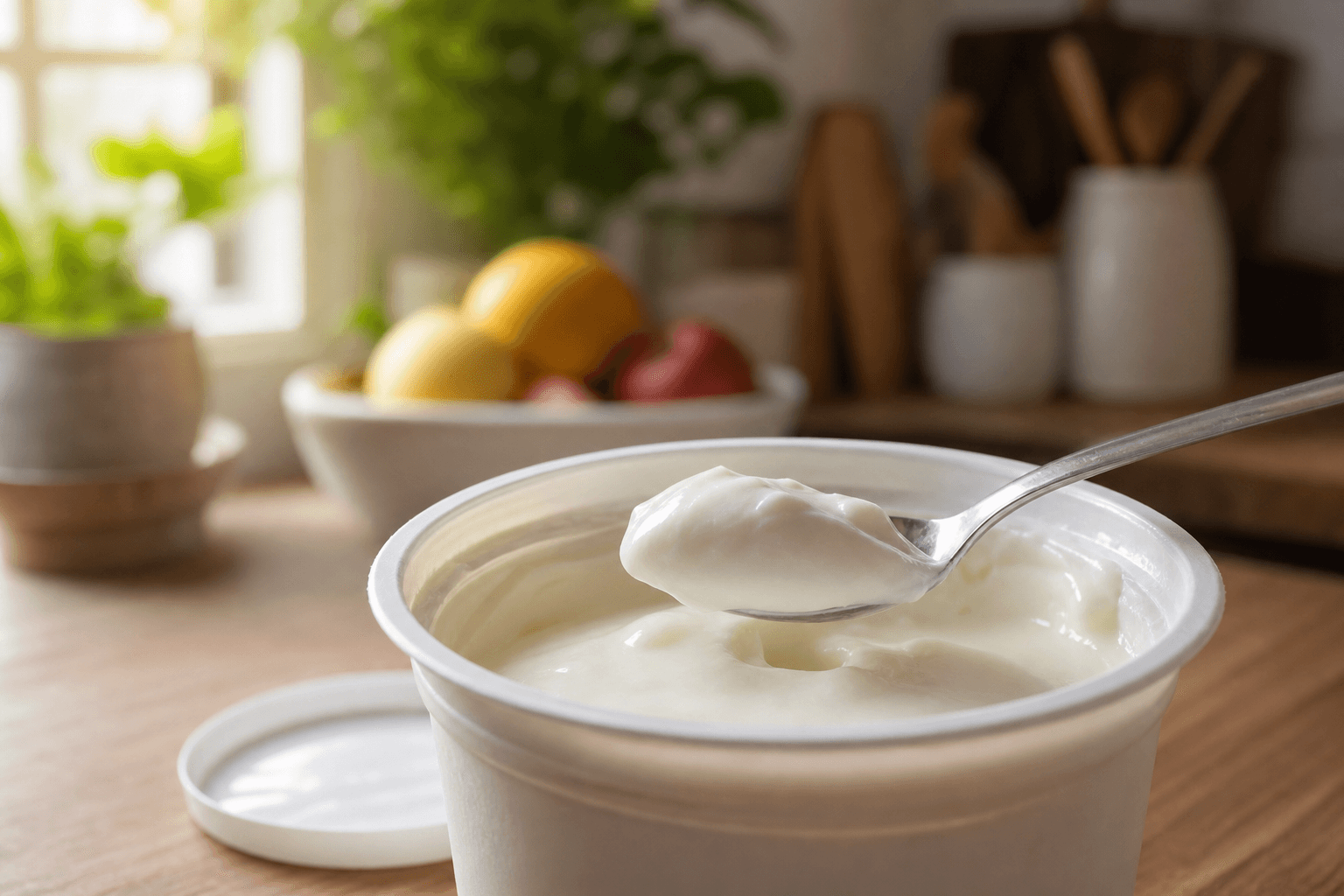 An opened tub of plain yogurt with a spoon resting inside it on a kitchen counter, used to illustrate checking yogurt for freshness after its expiration date.