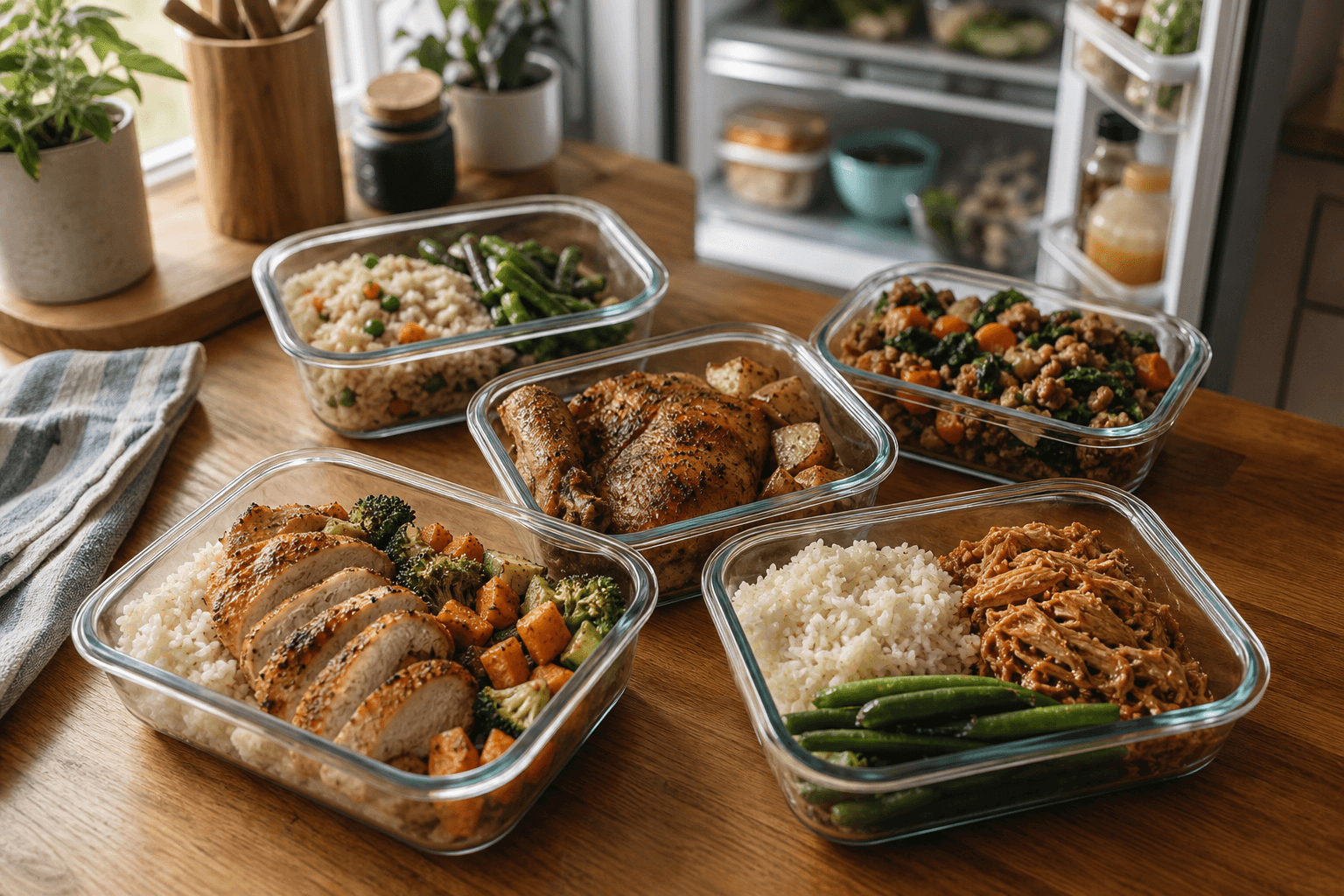 Glass meal-prep containers of leftover chicken, rice, and vegetables being stored in a refrigerator