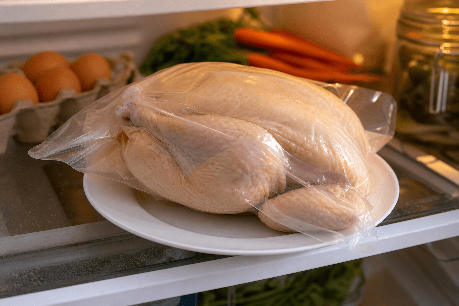 A whole raw chicken sealed in a bag on a plate inside a refrigerator, thawing safely on a middle shelf.