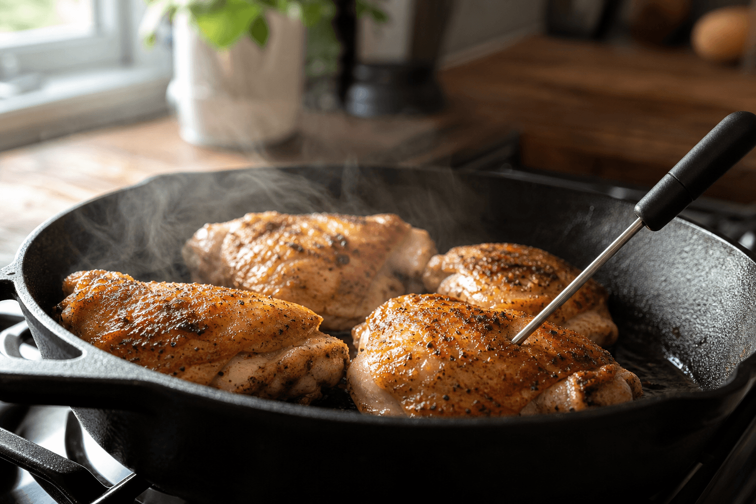 Golden reheated chicken pieces in a skillet on a stovetop with a food thermometer checking the internal temperature
