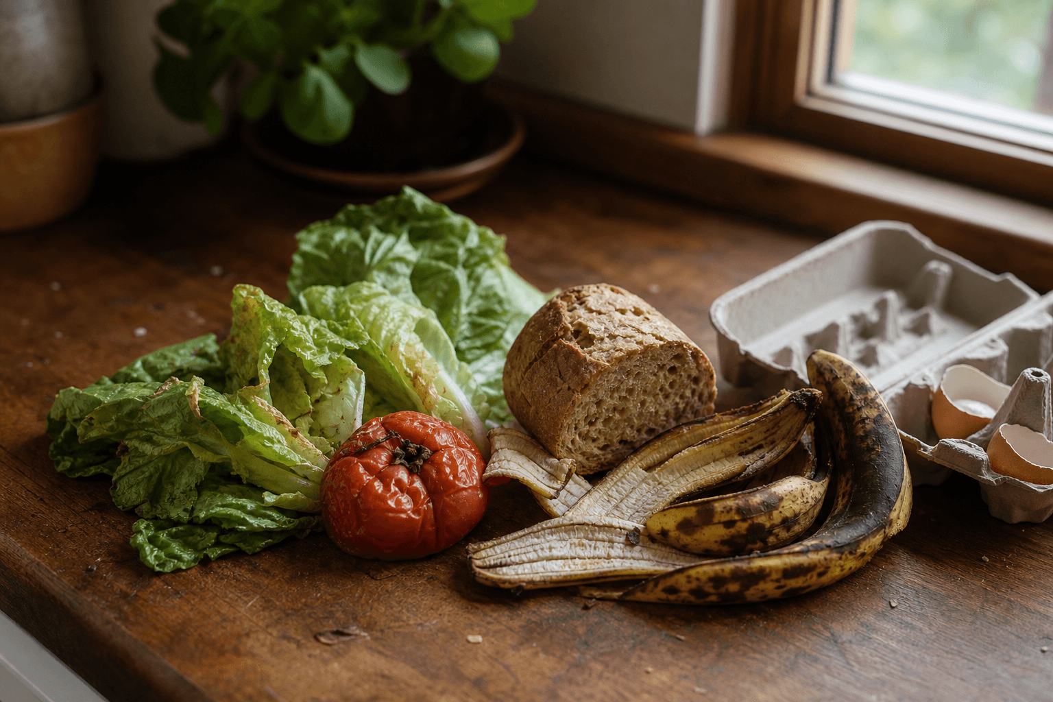 Wilted vegetables, stale bread, and spoiled produce on a kitchen counter, the kind of food a family of four throws away and pays for anyway.